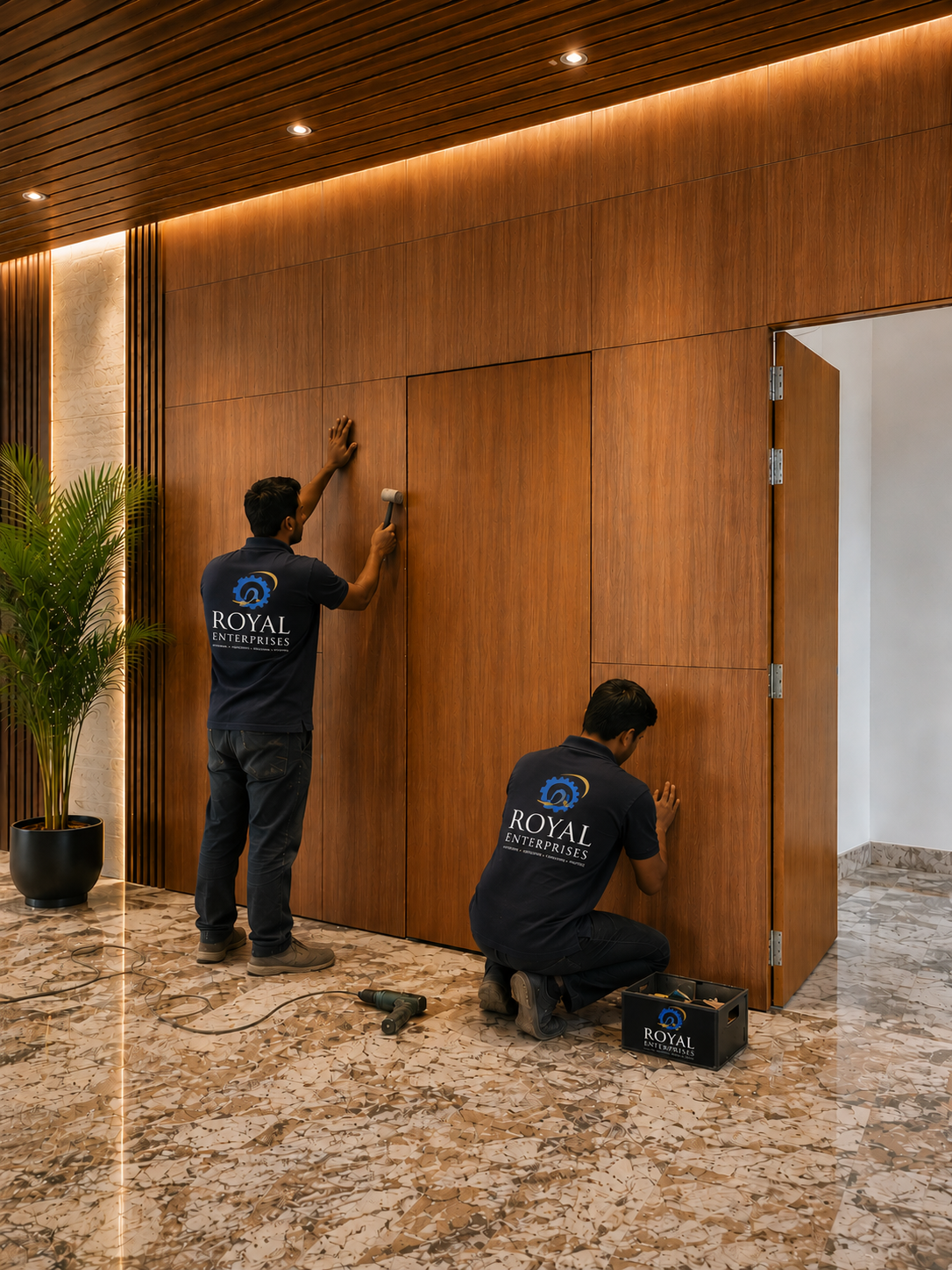 Royal Enterprises Worker Spray Polishing Wooden Wall